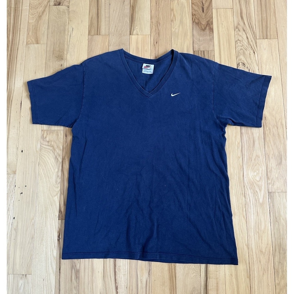 Vintage Nike V-Neck T-Shirt Mens Large Navy Blue Made in USA Embroidered Swoosh